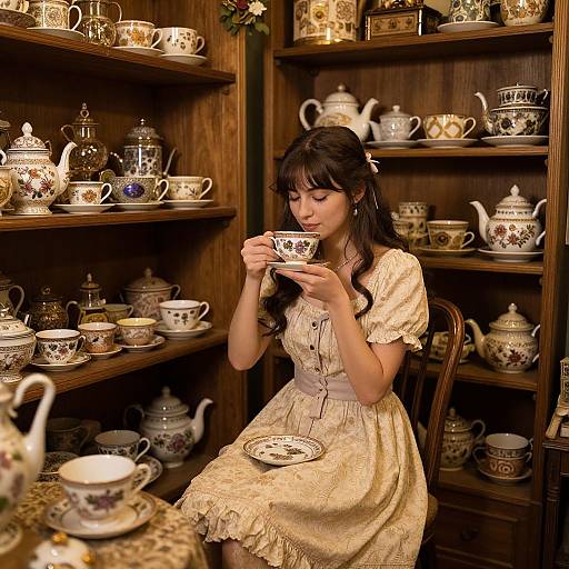 Photograph of a young woman with long brown hair, wearing a cream lace dress, sitting in a wooden cabinet-filled room, sipping tea from a