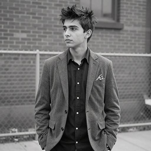 Black-and-white photograph of a young man with spiky hair, wearing a textured blazer, black shirt, and hands in pockets, standing against a