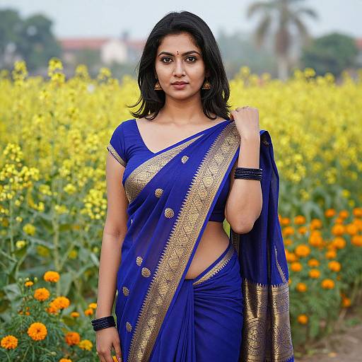 Photograph of an Indian woman with dark hair, wearing a blue and gold sari, standing in a vibrant yellow and orange flower field.