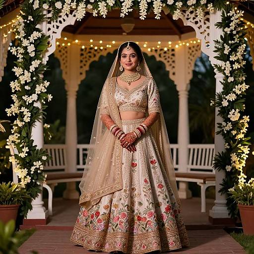 Photograph of a South Asian bride in an ornate gold and pink traditional lehenga with a veil, standing under a lit, floral archway.