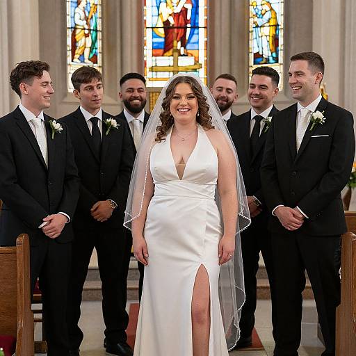 Photograph of a smiling bride in a deep V-neck white dress with a thigh-high slit, flanked by six groomsmen in black suits,