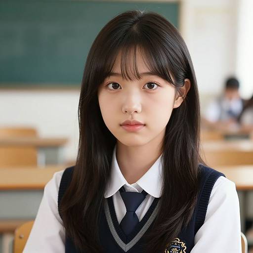 Photograph of an Asian teenage girl with long black hair, wearing a white shirt, black tie, and dark vest, in a classroom. Blurred