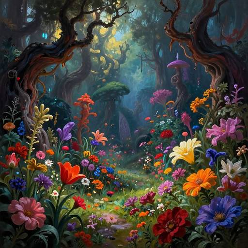 Vibrant digital painting of a magical forest with colorful, blooming flowers, twisted trees, and glowing light filtering through the dense foliage.