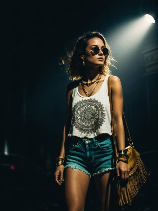 Bohemian Woman Wearing Mandala Tank Top and Denim Shorts