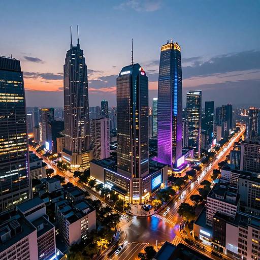 Photograph of a vibrant cityscape at dusk, featuring illuminated skyscrapers, colorful neon lights, busy streets with light trails, and a twilight sky
