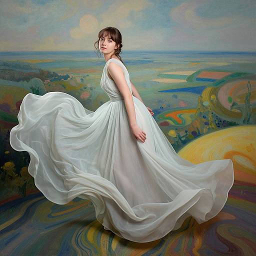 Photograph of a fair-skinned woman with short brown hair in a flowing white dress, standing against a vibrant, abstract landscape painting.