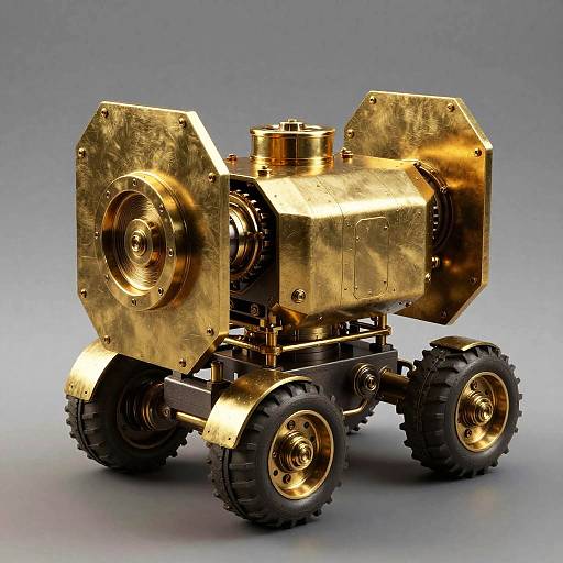 Photograph of a golden, metallic, six-wheeled robot with hexagonal side panels and a cylindrical central component, set against a gray gradient background