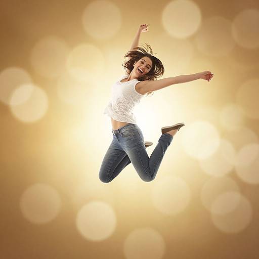 Photograph of a smiling woman with brown hair, wearing a white shirt and blue jeans, joyfully jumping against a glowing, bokeh background.