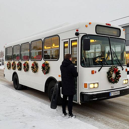 Festive White Bus in Snowy Street