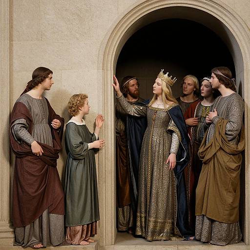 Photograph of a medieval-style painting: Crowned queen in gold dress, kneeling child in green dress, surrounded by six men in tunics and robes