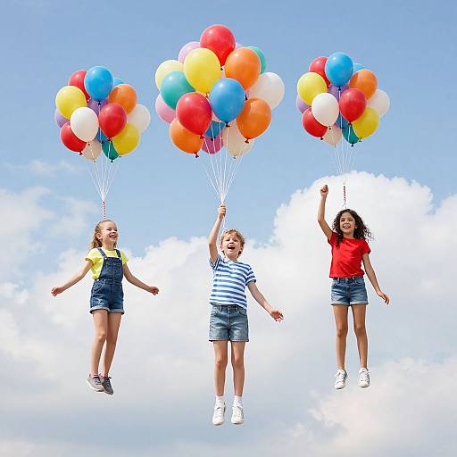 Photograph of three children, two girls and one boy, floating in the air, each holding colorful balloons, against a bright blue sky with fluffy clouds