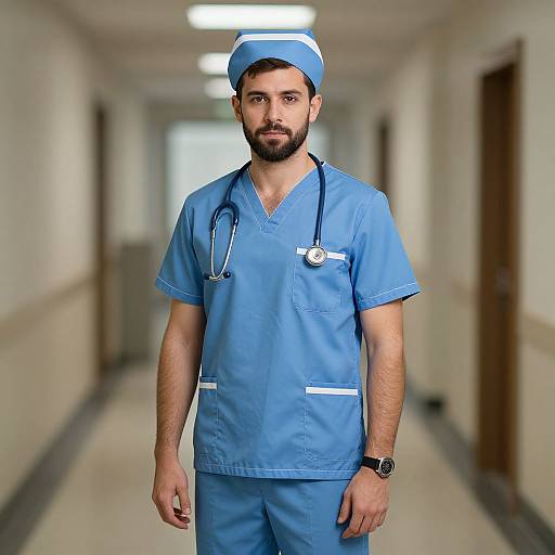 Photograph of a bearded male nurse with light skin, blue scrubs, and cap, standing in a hospital hallway, stethoscope around his