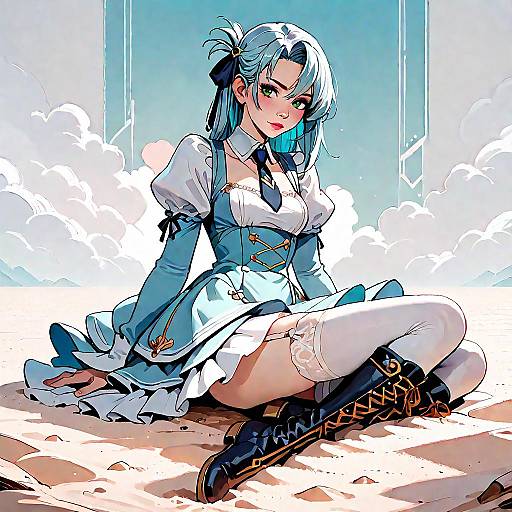 Digital anime-style drawing of a blue-haired woman in a blue and white maid outfit, sitting with white thigh-high stockings and black lace-up boots, against