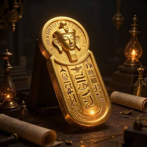 Photograph of a glowing, intricately engraved gold coin featuring an ancient deity's face and Sanskrit text, surrounded by dark, dimly lit objects