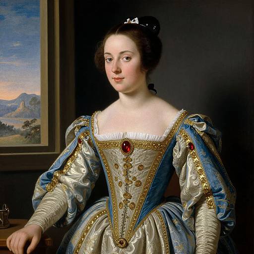 Baroque-style portrait of a fair-skinned woman with dark hair, wearing an elaborate blue and gold embroidered dress, with red gemstones, in front