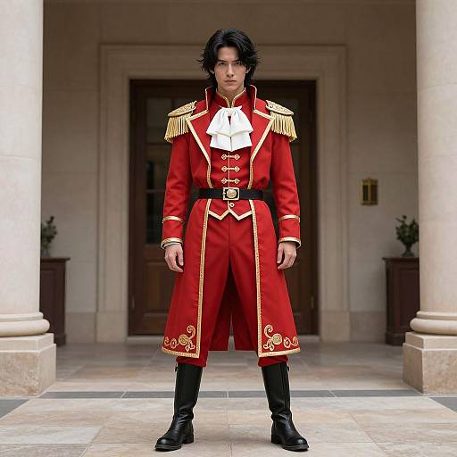Photograph of a young man with dark hair, standing confidently in a red military-style uniform with gold epaulettes, white cravat,