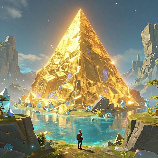 Digital art of a glowing, golden pyramid beside a crystal-filled lake, with a lone figure in the foreground under a starry sky.