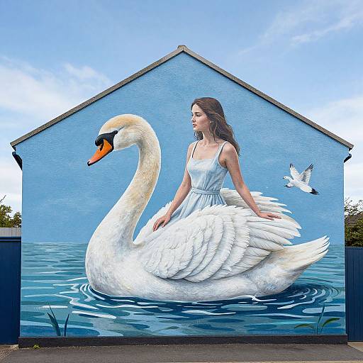 Digital mural of a woman in a white dress sitting on a white swan with orange beak, surrounded by water, in front of a blue house