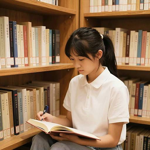 Chinese Schoolgirl Studying in Cozy Library