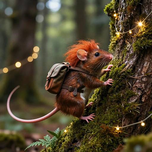 Photorealistic digital art of a red-furred, backpack-wearing mouse with a tuft of orange hair, climbing a mossy tree adorned with