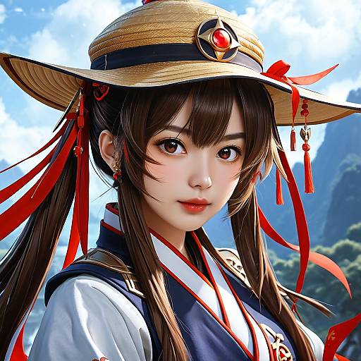 Digital anime-style portrait of a young Asian woman with long brown hair, wearing a straw hat with red ribbons, traditional white and blue attire, and