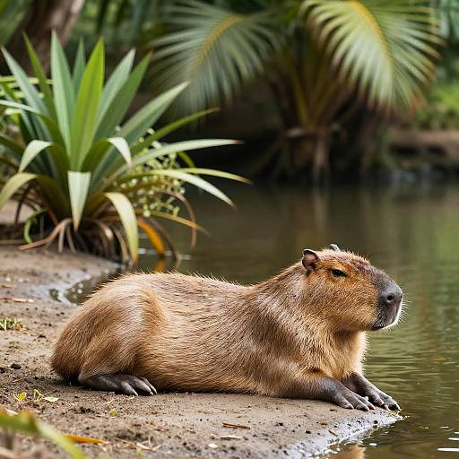 Capybara Relaxing by Tropical Riverbank