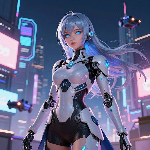 CGI image of a futuristic, silver-haired woman with glowing blue eyes, wearing a white and black cybernetic bodysuit, standing in a