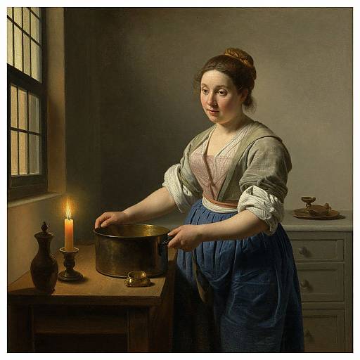 A 17th-century oil painting of a fair-skinned woman with brown hair, wearing a blue skirt and white blouse, cooking by candlelight in