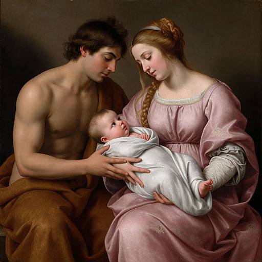 Renaissance-style painting of a muscular, shirtless man with dark hair, a fair-skinned woman in a pink dress, and a swadd