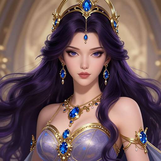 Digital art of a regal, fair-skinned woman with long purple hair, wearing a blue and gold ornate crown, necklace, and earrings,