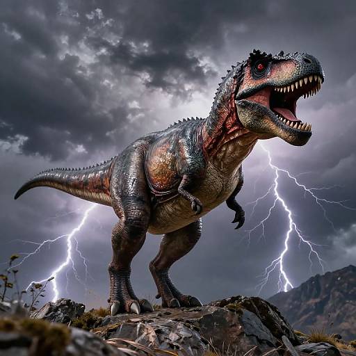 Photorealistic CGI of a roaring, lightning-struck T-Rex with textured, scaly skin, standing on rocky terrain under a stormy,