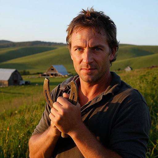 Photograph of a rugged, middle-aged man with short, messy brown hair and a stubble beard, holding a horseshoe, standing in a