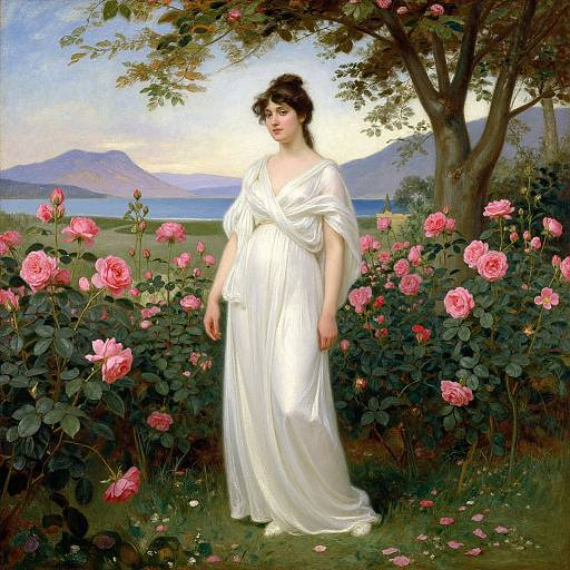 Serene Neoclassical Woman in Rose Garden