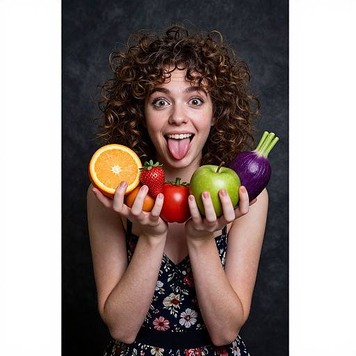 Curly-haired woman with wide eyes and tongue out, holding vibrant fruits (orange, strawberry, red tomato, green apple, purple onion) against a