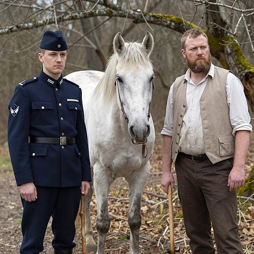 Military Men with Horse in Wooded Scene