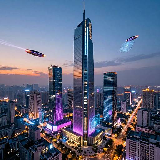Photograph of a futuristic cityscape at dusk, featuring a towering illuminated skyscraper with flying drones, vibrant neon lights, and busy streets.