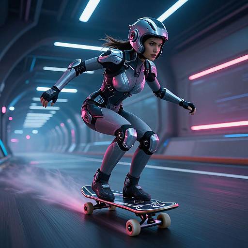 Cyberpunk woman in metallic armor and helmet skateboarding fast in neon-lit tunnel, creating a mist trail, photo-realistic CGI.