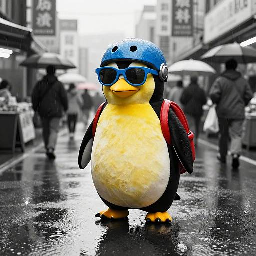 Penguin Costume in Rainy Urban Market