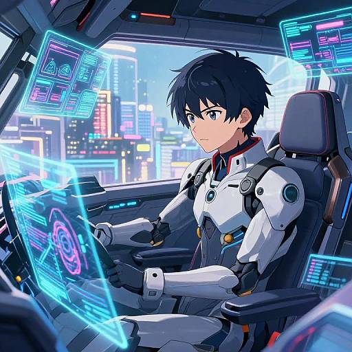 Anime-style digital drawing of a serious, blue-eyed young man in a white, high-tech pilot suit, controlling holographic screens in a futuristic cockpit with