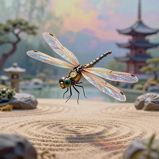 Photograph of a vibrant, iridescent dragonfly with detailed wings, hovering above a sandy Zen garden with a traditional Japanese pagoda in the blurred