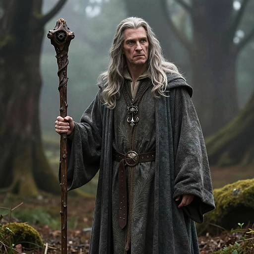 Photograph of an elderly man with long white hair, wearing a dark, ornate robe and holding a intricately carved wooden staff, standing in a