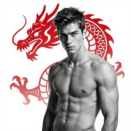 Shirtless Muscular Man with Red Dragon Graphic