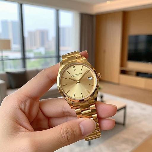 Photograph of a hand holding a gold Rolex wristwatch with a date window in a modern, sunlit living room.