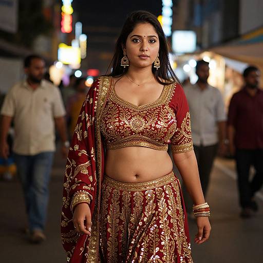 Photograph of a South Asian woman in a red and gold traditional lehenga-choli, standing confidently on a bustling city street at night, surrounded by