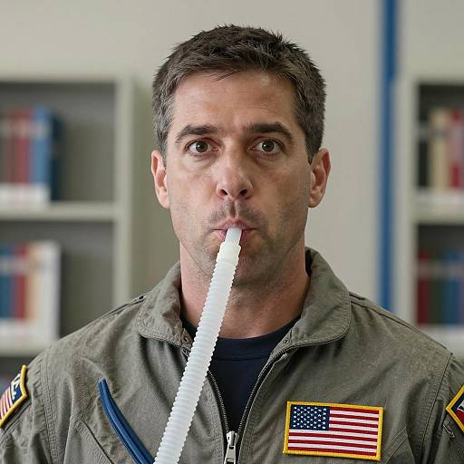 Middle-aged Pilot in Flight Suit Using Breathing Tube