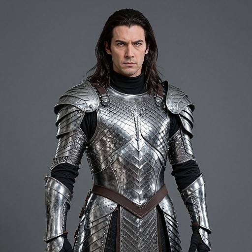 Photograph of a serious, long-haired man in silver, intricately patterned medieval armor with black undergarments, standing against a gray background.