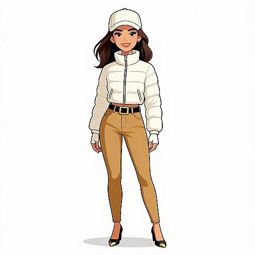 Digital illustration of a smiling Asian woman with medium brown skin, wearing a white puffer jacket, beige pants, black belt, black heels, and white