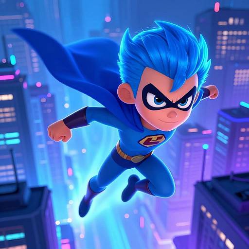 Digital cartoon of a blue-haired, chibi-style superhero with a black mask and cape, flying over a neon-lit cityscape at night.