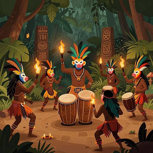 Digital illustration of five tribal drummers with colorful feathers, dark brown skin, and red skirts, performing in a dense jungle with torches and ancient stone