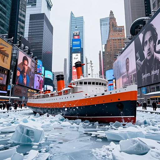 Photograph of an orange-and-white ocean liner floating on icy water in Times Square, surrounded by snow-covered skyscrapers and large billboards.